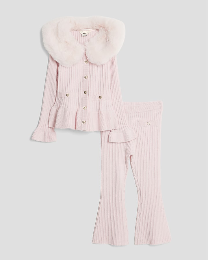 Mini Girls Pink Faux Fur Collar Cardigan Set
