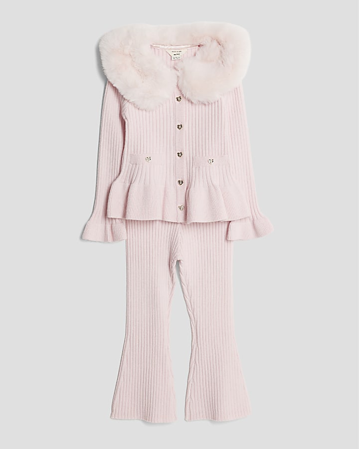 Mini Girls Pink Faux Fur Collar Cardigan Set