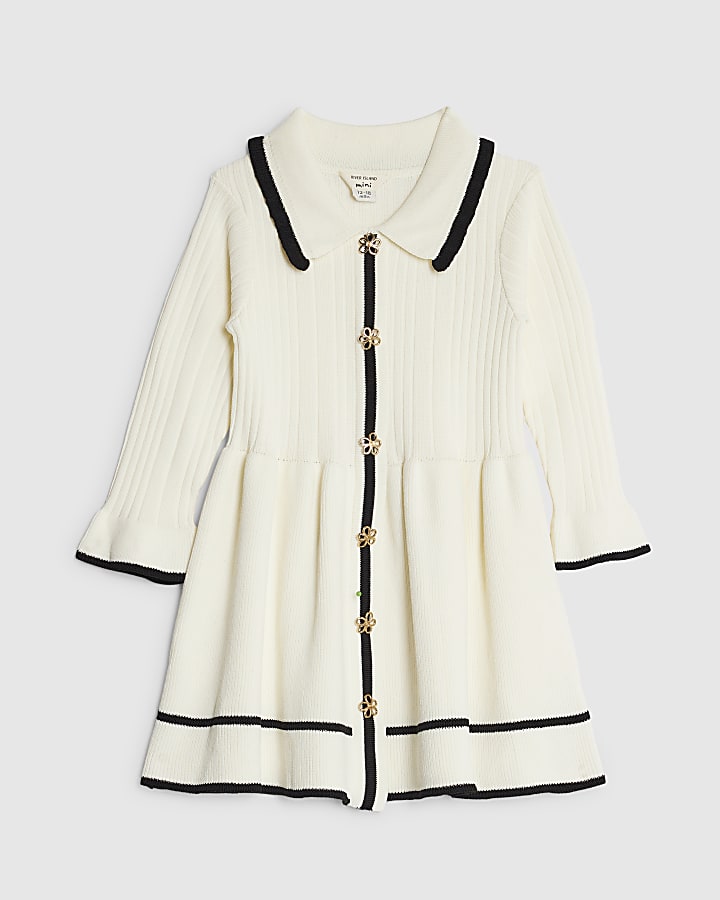 Mini Girls Cream Collared Tipped Skater Dress