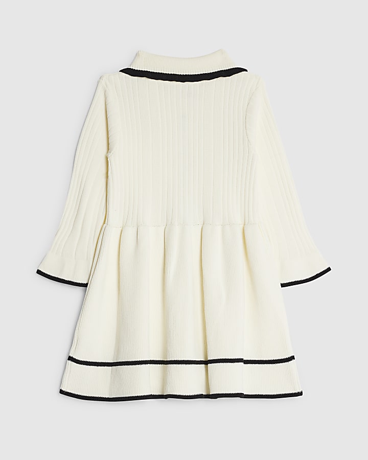 Mini Girls Cream Collared Tipped Skater Dress