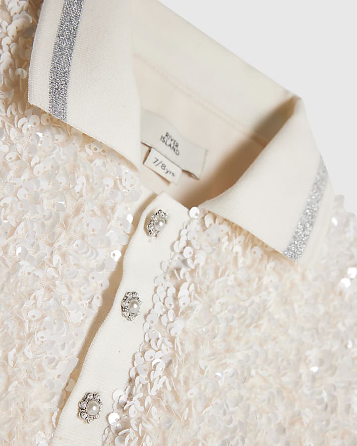 Girls Cream Sequin Polo Top And Skort Set