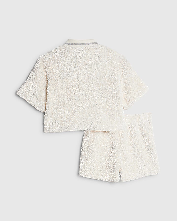 Girls Cream Sequin Polo Top And Skort Set