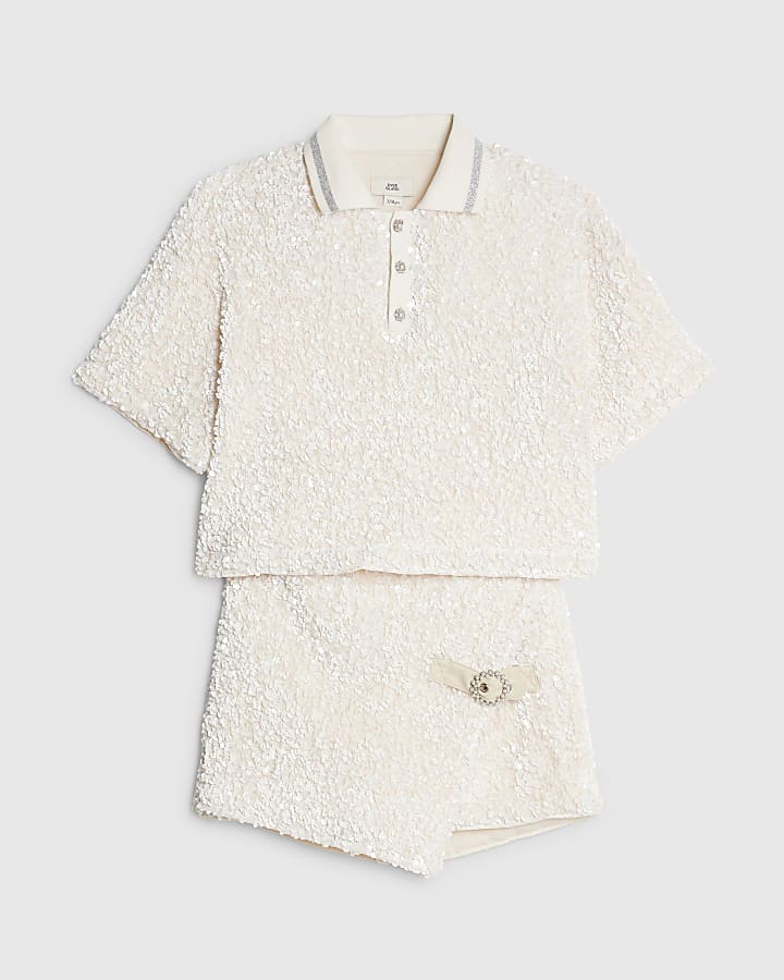 Girls Cream Sequin Polo Top And Skort Set