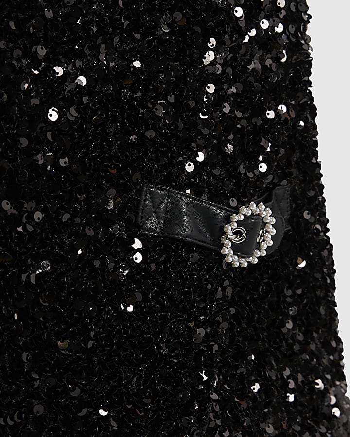 Girls Black Sequin Polo Shirt And Skort Set