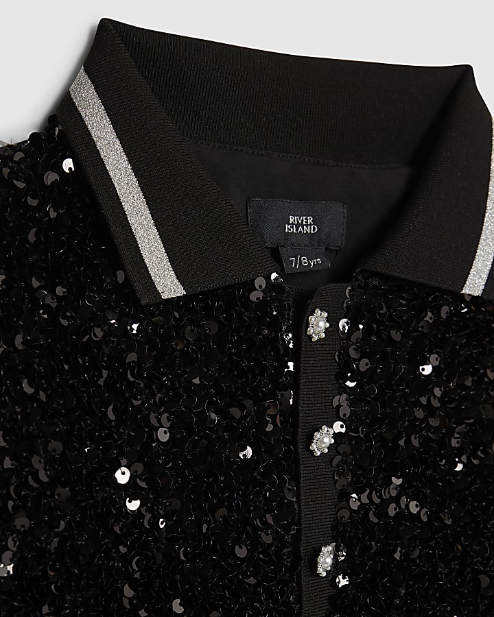 Girls Black Sequin Polo Shirt And Skort Set