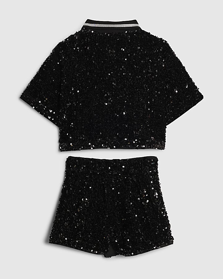 Girls Black Sequin Polo Shirt And Skort Set