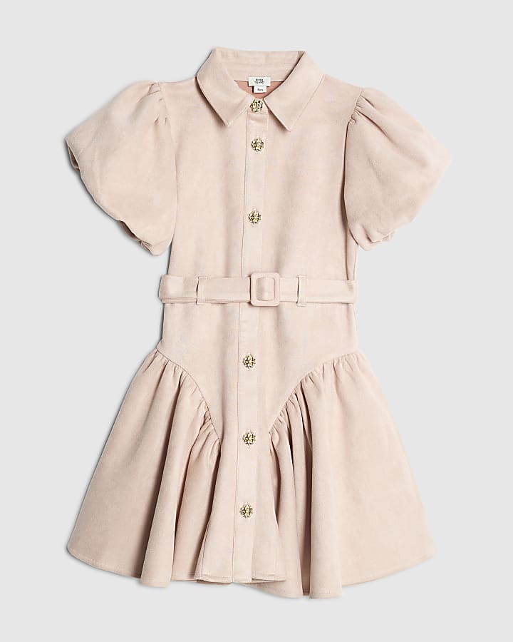 Girls Pink Faux Suede Shirt Dress