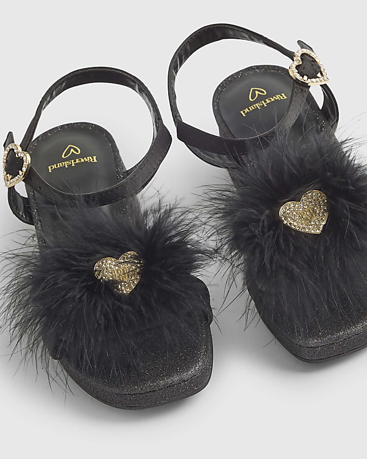 Girls Black Glitter Feather Sandals