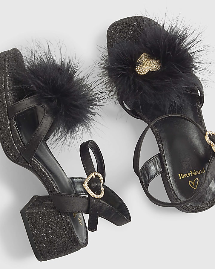 Girls Black Glitter Feather Sandals