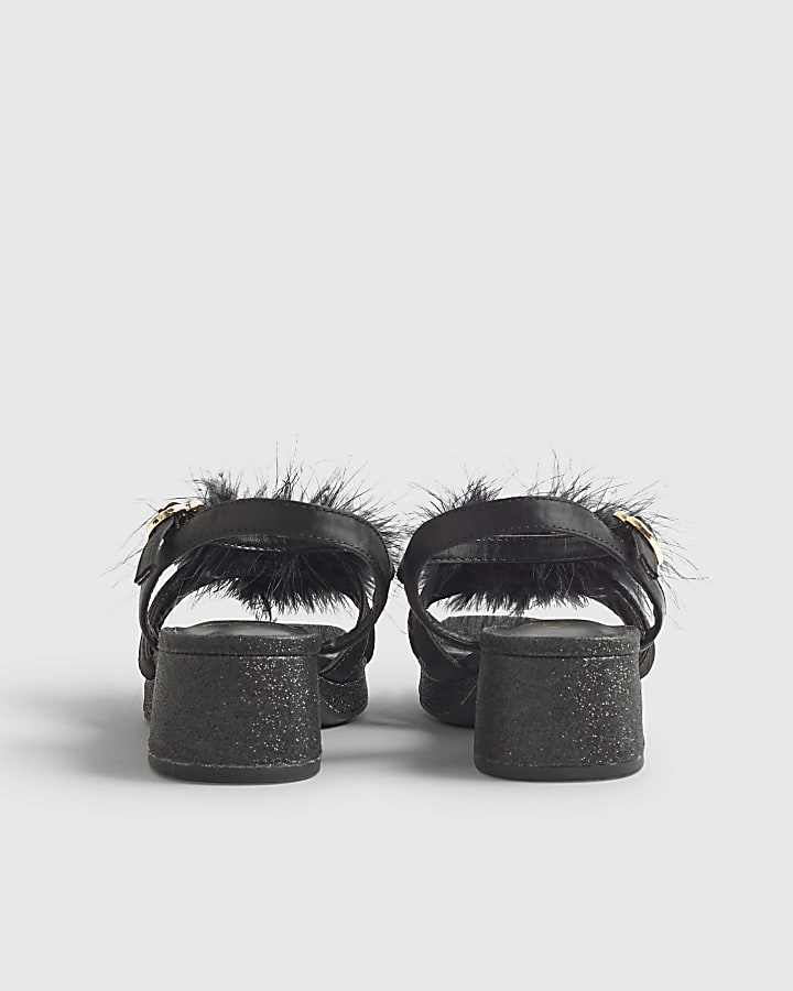 Girls Black Glitter Feather Sandals