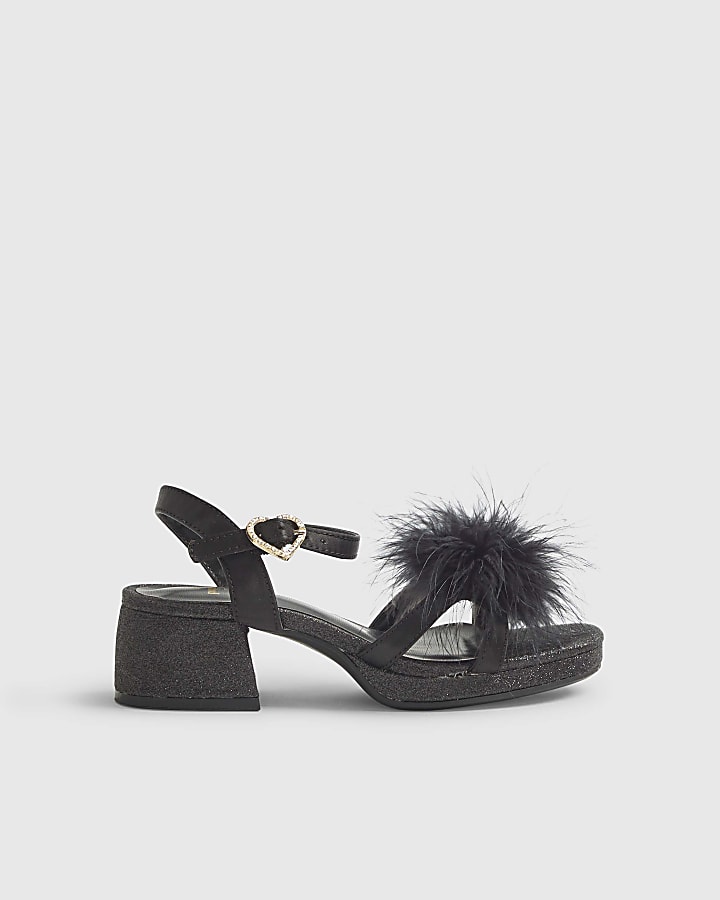 Girls Black Glitter Feather Sandals