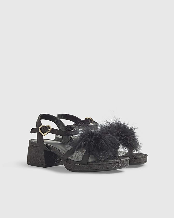 Girls Black Glitter Feather Sandals