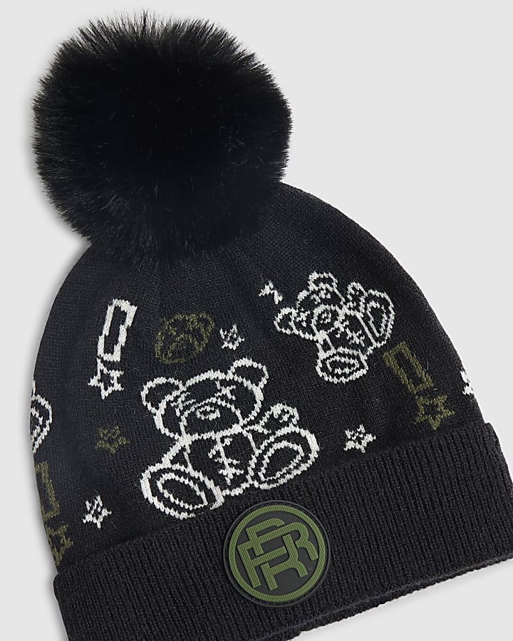 Mini Boys Black Doodle Bear Beanie Hat