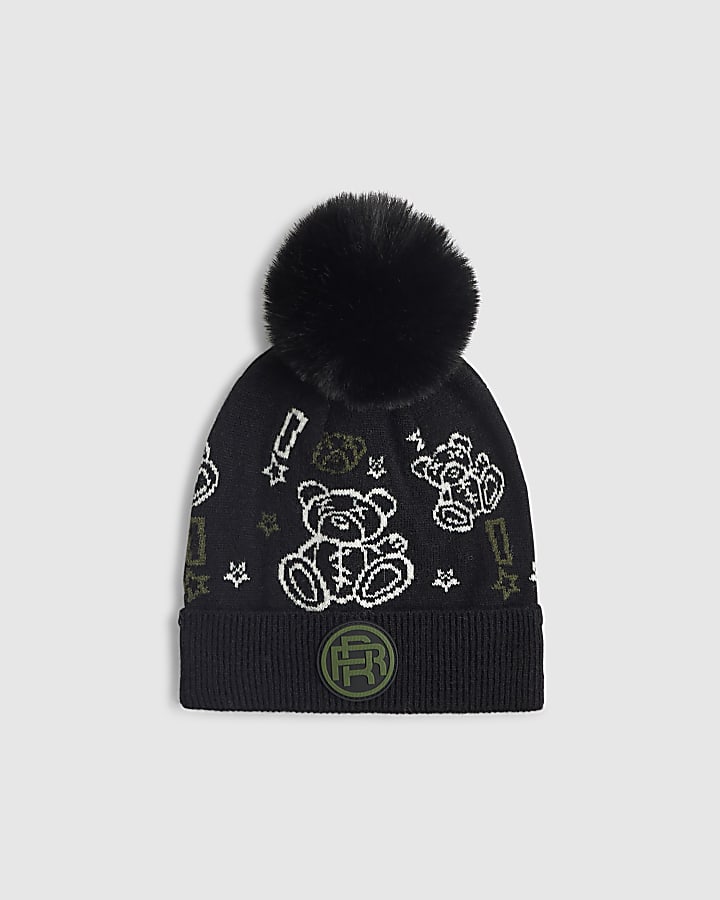 Mini Boys Black Doodle Bear Beanie Hat