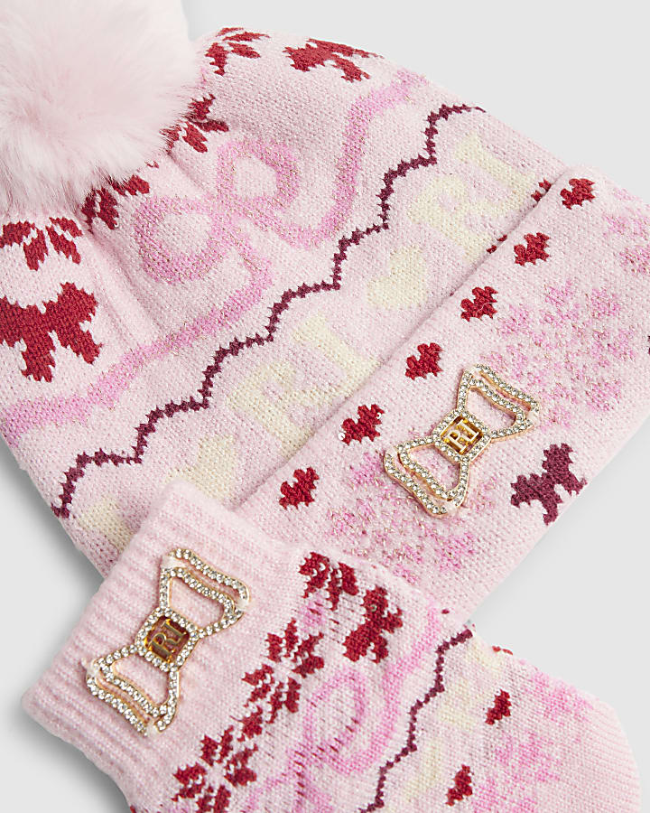 Mini Girls Pink Fairisle Beanie Hat Set