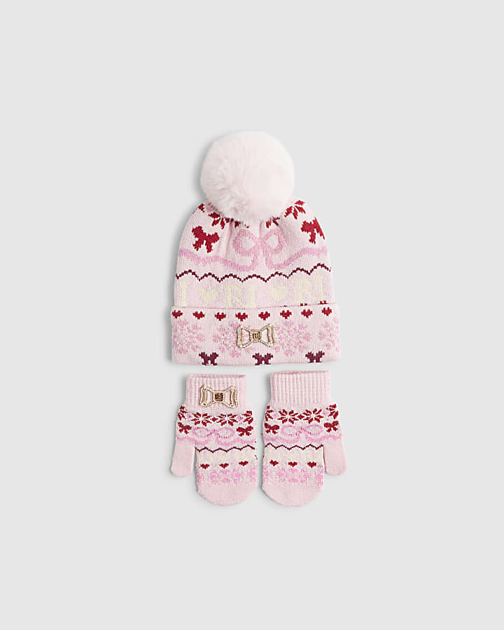 Mini Girls Pink Fairisle Beanie Hat Set