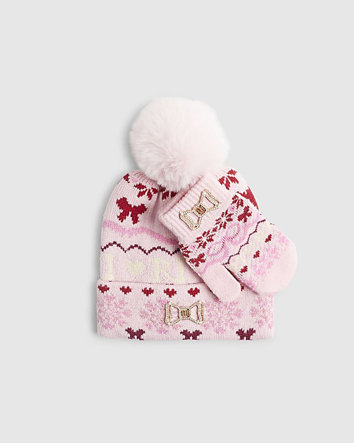 Mini Girls Pink Fairisle Beanie Hat Set