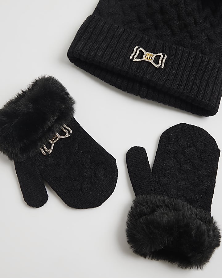 Mini Girls Black Beanie and Mittens Set