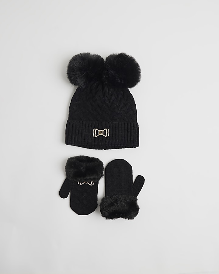 Mini Girls Black Beanie and Mittens Set