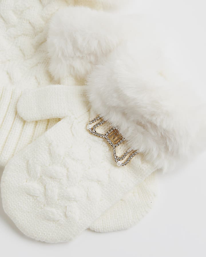 Mini Girls Cream Beanie and Mittens Set