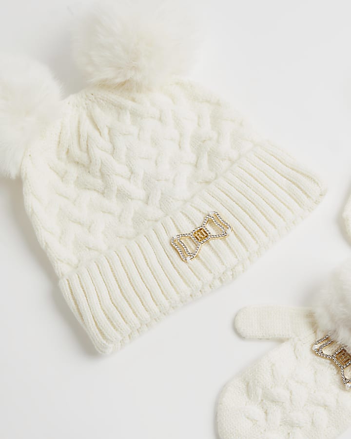 Mini Girls Cream Beanie and Mittens Set