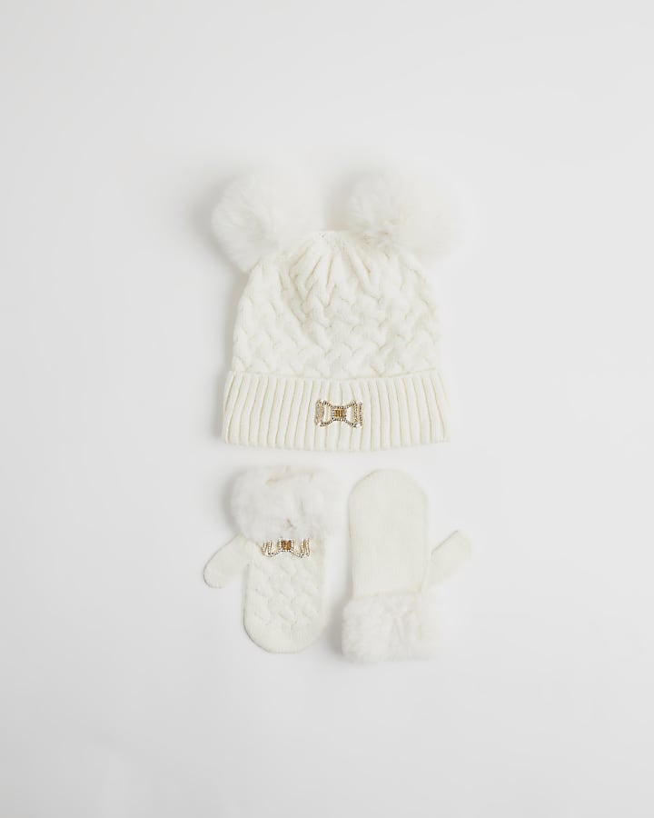 Mini Girls Cream Beanie and Mittens Set