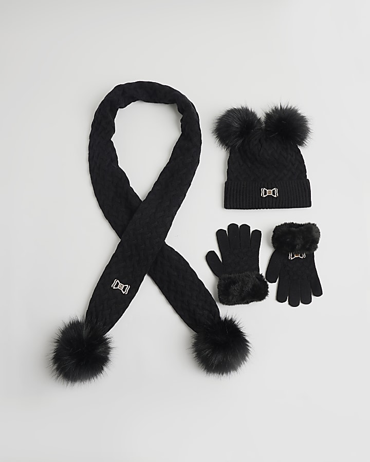 Girls Black Beanie hat and scarf set
