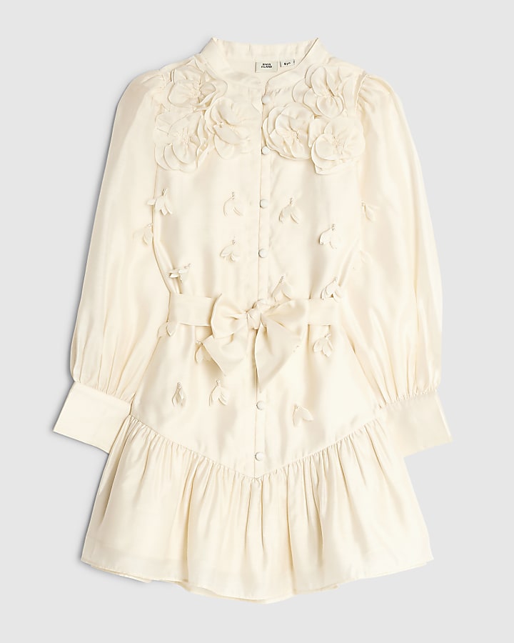 Girls Cream 3D Flower Shirt Dress