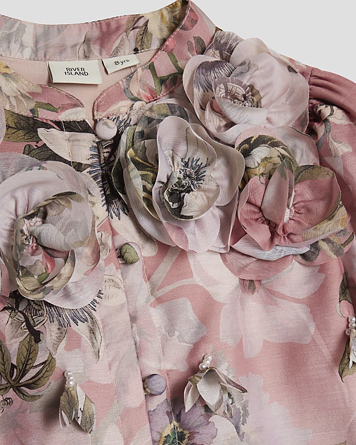 Girls Pink 3D Floral Shirt Dress