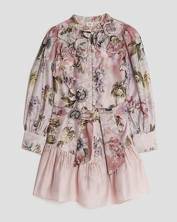 Girls Pink 3D Floral Shirt Dress