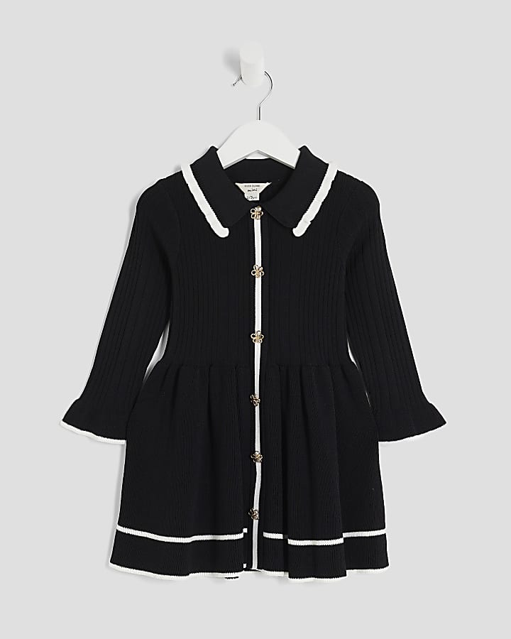 Mini Girls Black Collared Tipped Flippy Dress