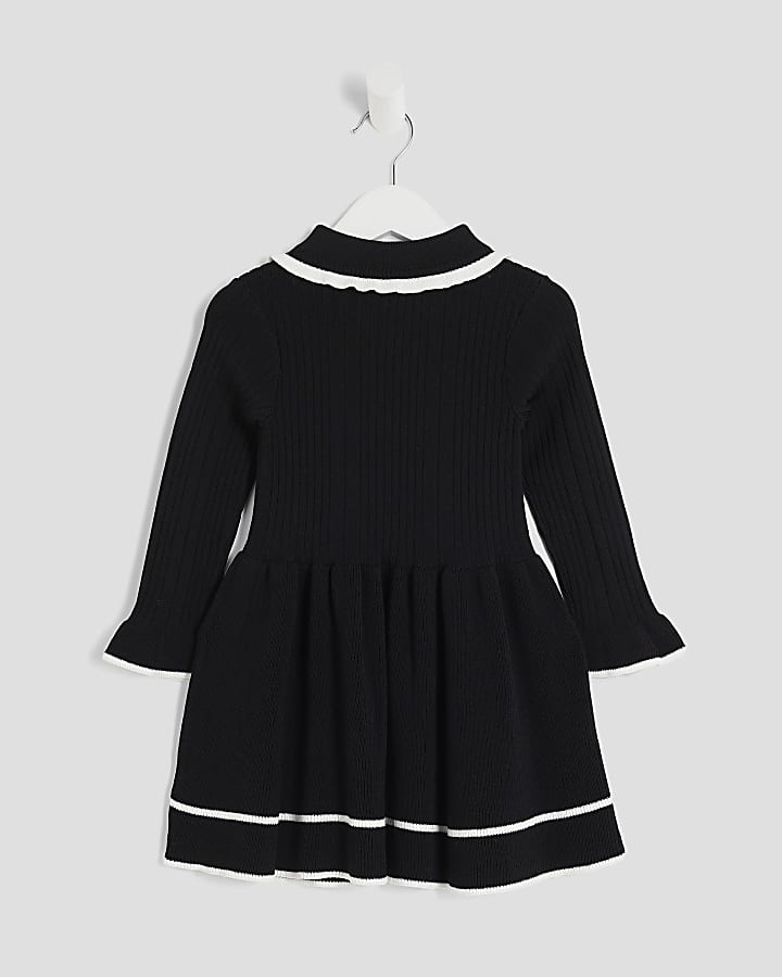 Mini Girls Black Collared Tipped Flippy Dress