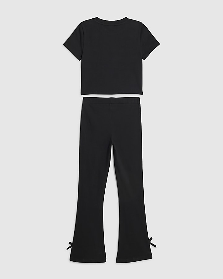 Girls Black Bow Crop Top And Leggings Set