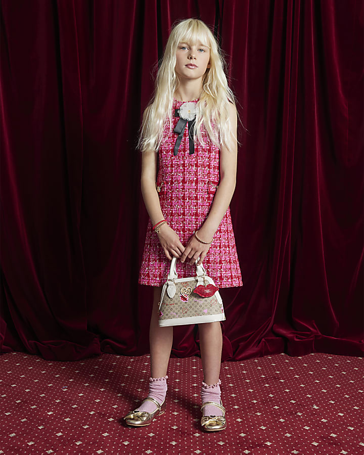 Girls Pink Boucle Corsage Shift Dress