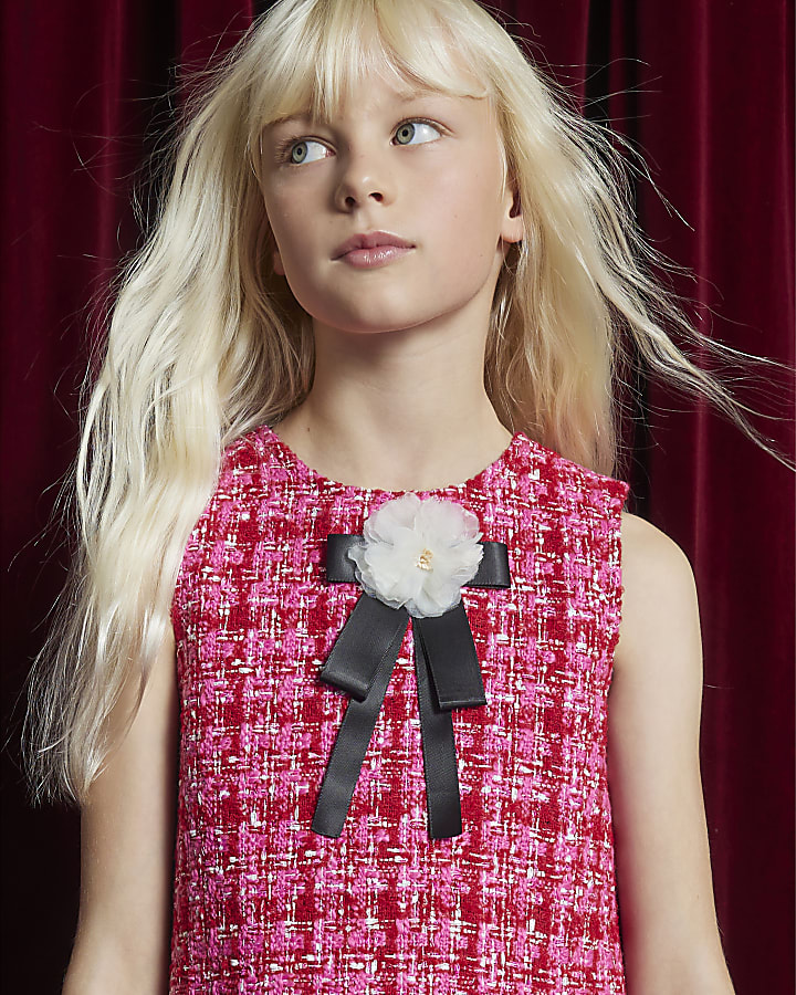 Girls Pink Boucle Corsage Shift Dress