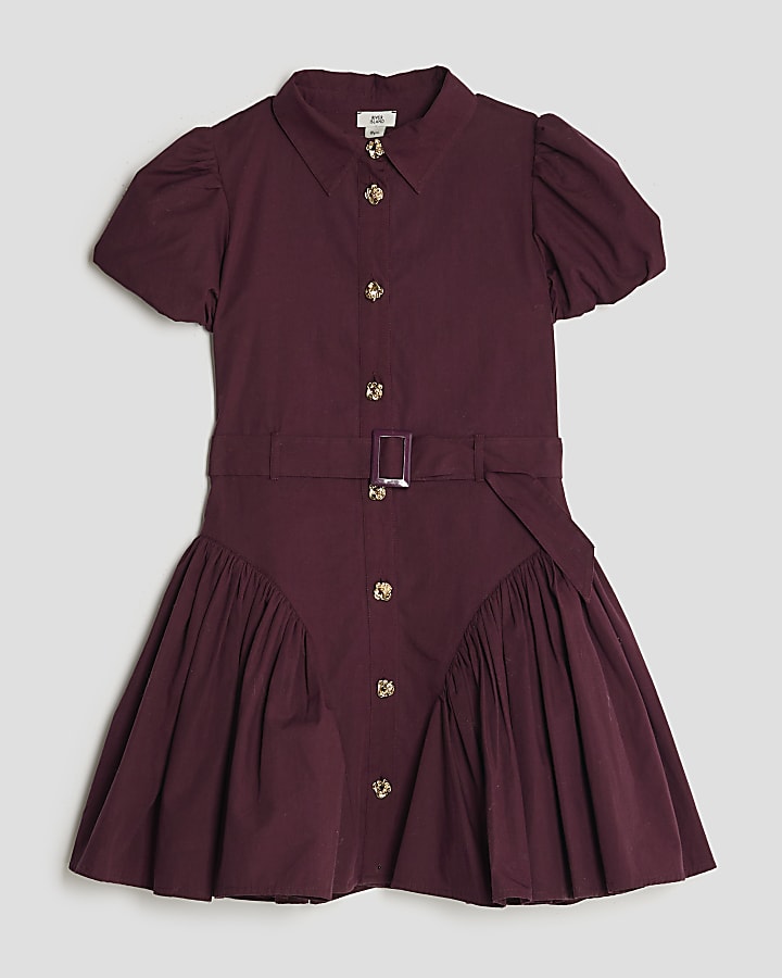 Girls Purple Puff Sleeve Prom Shirt Dress