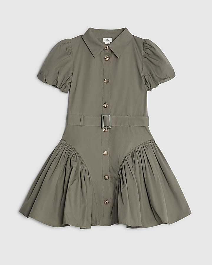 Girls Khaki Puff Sleeve Prom Shirt Dress