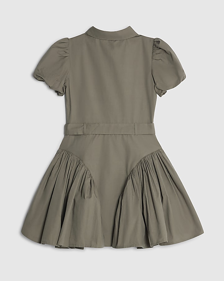 Girls Khaki Puff Sleeve Prom Shirt Dress