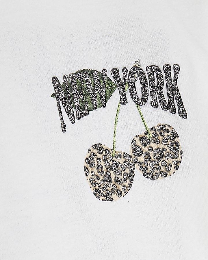 Girls White New York Leopard Bow T-Shirt