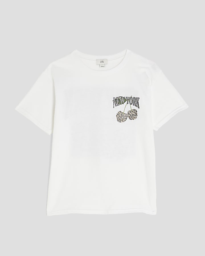 Girls White New York Leopard Bow T-Shirt