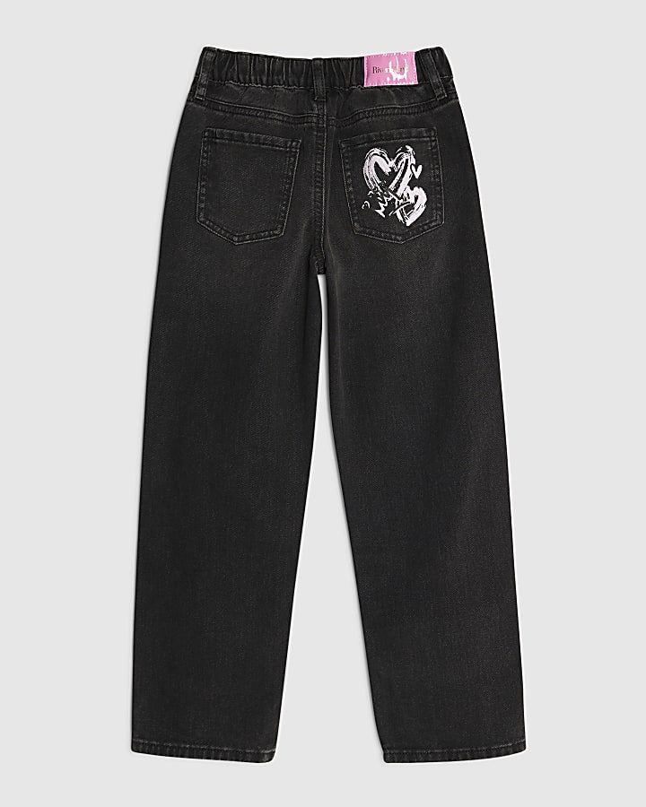 Girls Black Love Graffiti Straight Jeans