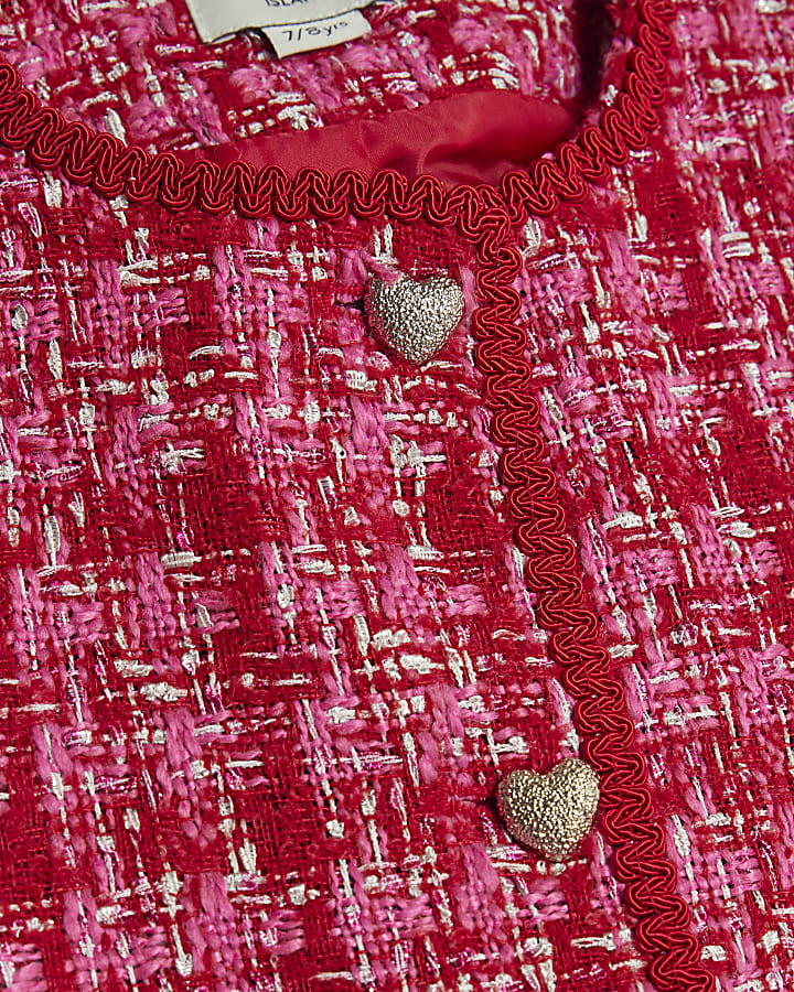 Girls Red Boucle Collarless Jacket