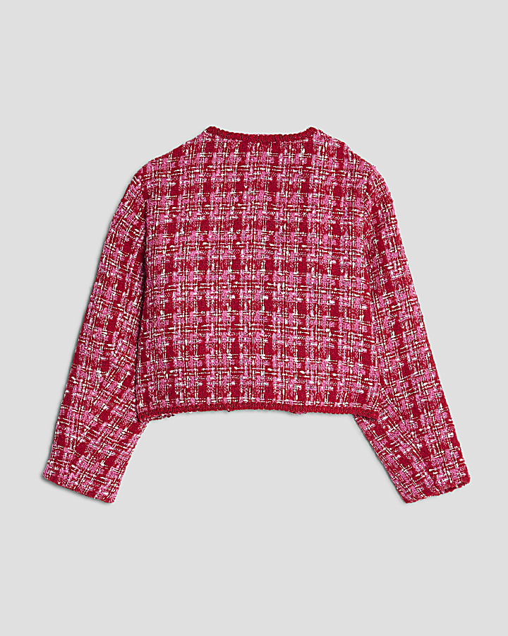 Girls Red Boucle Collarless Jacket