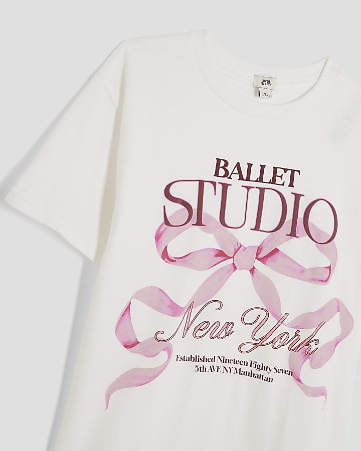 Girls White Ballet Studio Bow T-shirt