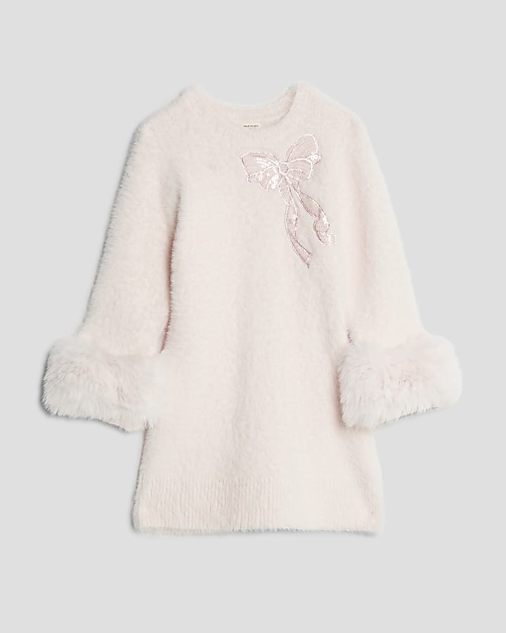 Mini Girls Pink Faux Fur Cuff Bow Dress
