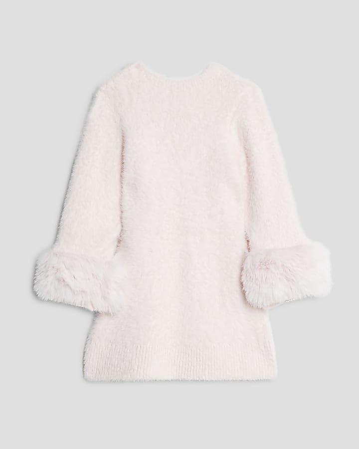 Mini Girls Pink Faux Fur Cuff Bow Dress