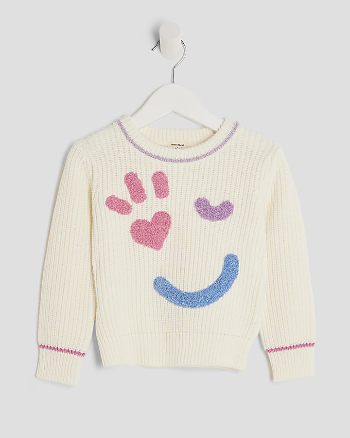 Mini Girls Cream Knitted Smiley Jumper