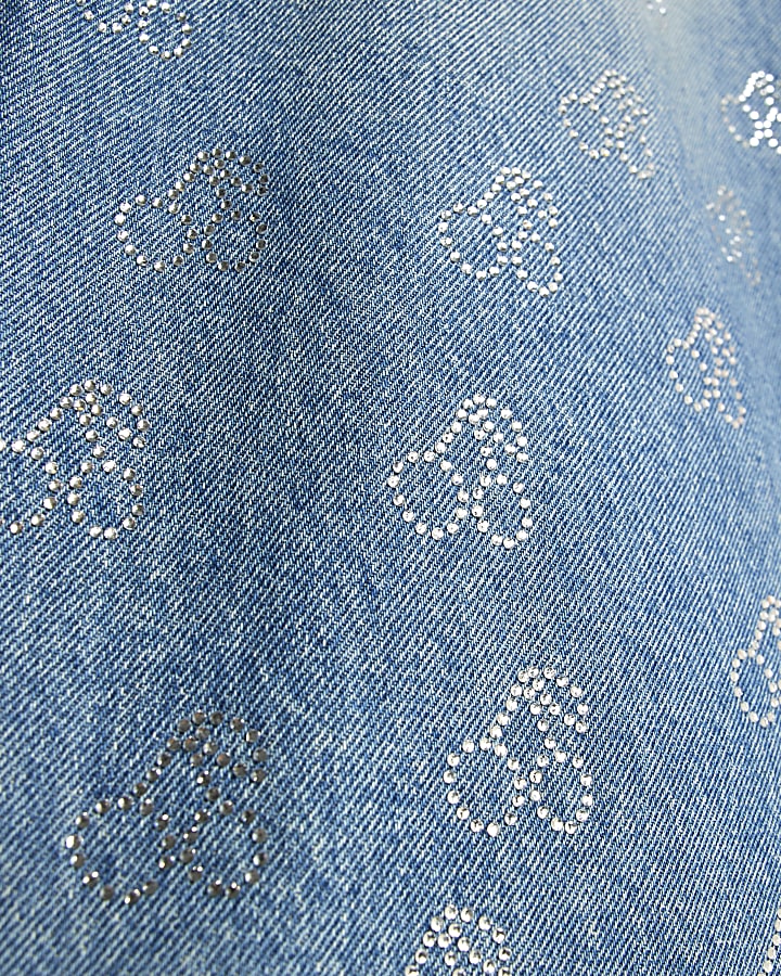 Girls Blue Cherry Diamante Wide Leg Jeans