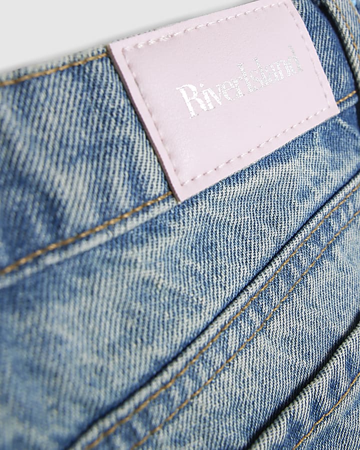 Girls Blue Cherry Diamante Wide Leg Jeans