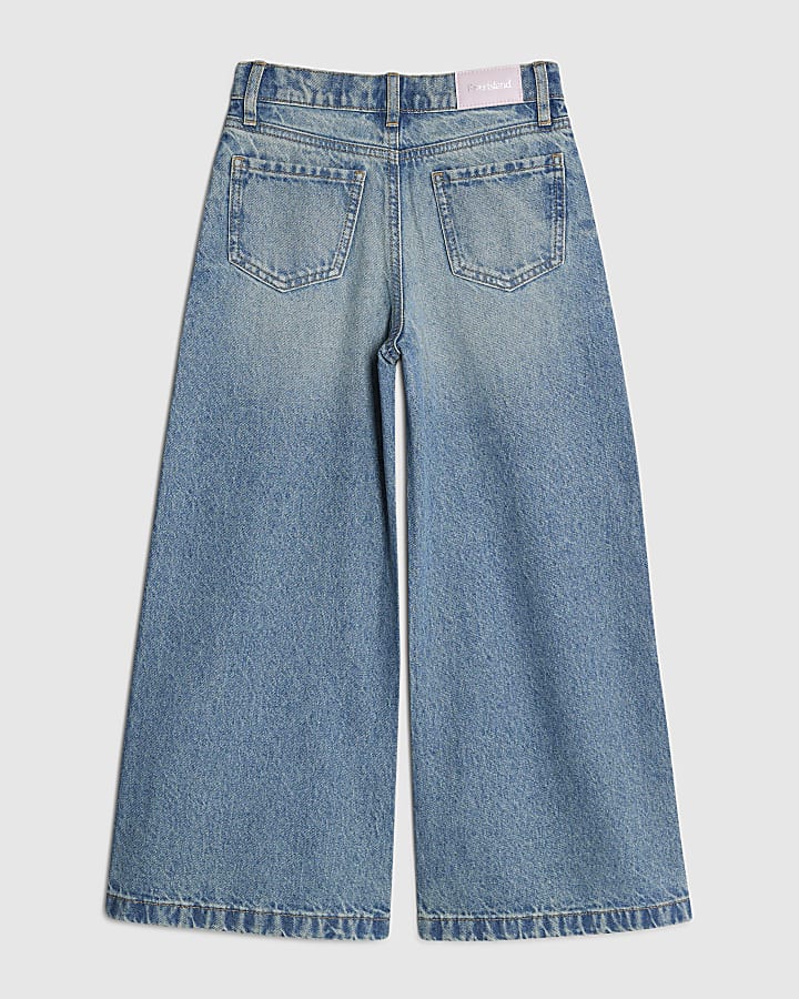 Girls Blue Cherry Diamante Wide Leg Jeans